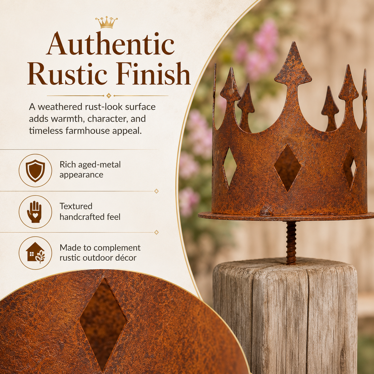Rustic Metal Crown Post Topper – Vintage Rust Finish Garden Fence Finial with Screw-In Stem