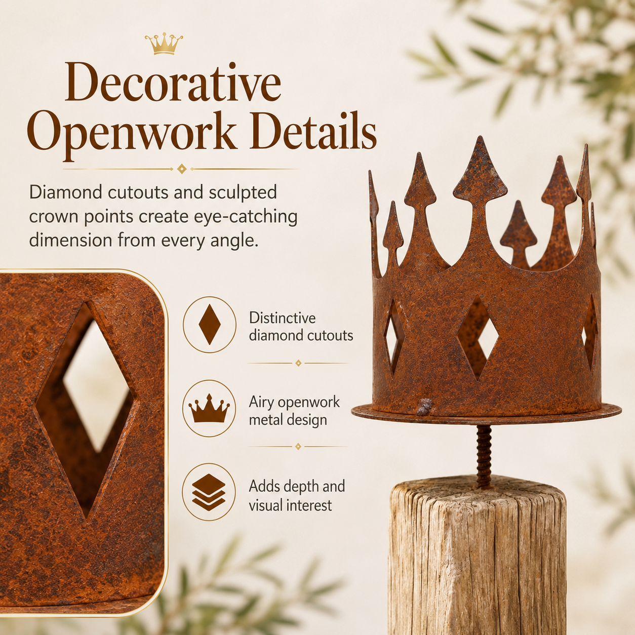 Rustic Metal Crown Post Topper – Vintage Rust Finish Garden Fence Finial with Screw-In Stem