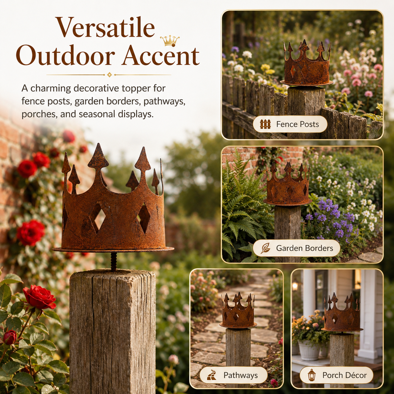 Rustic Metal Crown Post Topper – Vintage Rust Finish Garden Fence Finial with Screw-In Stem