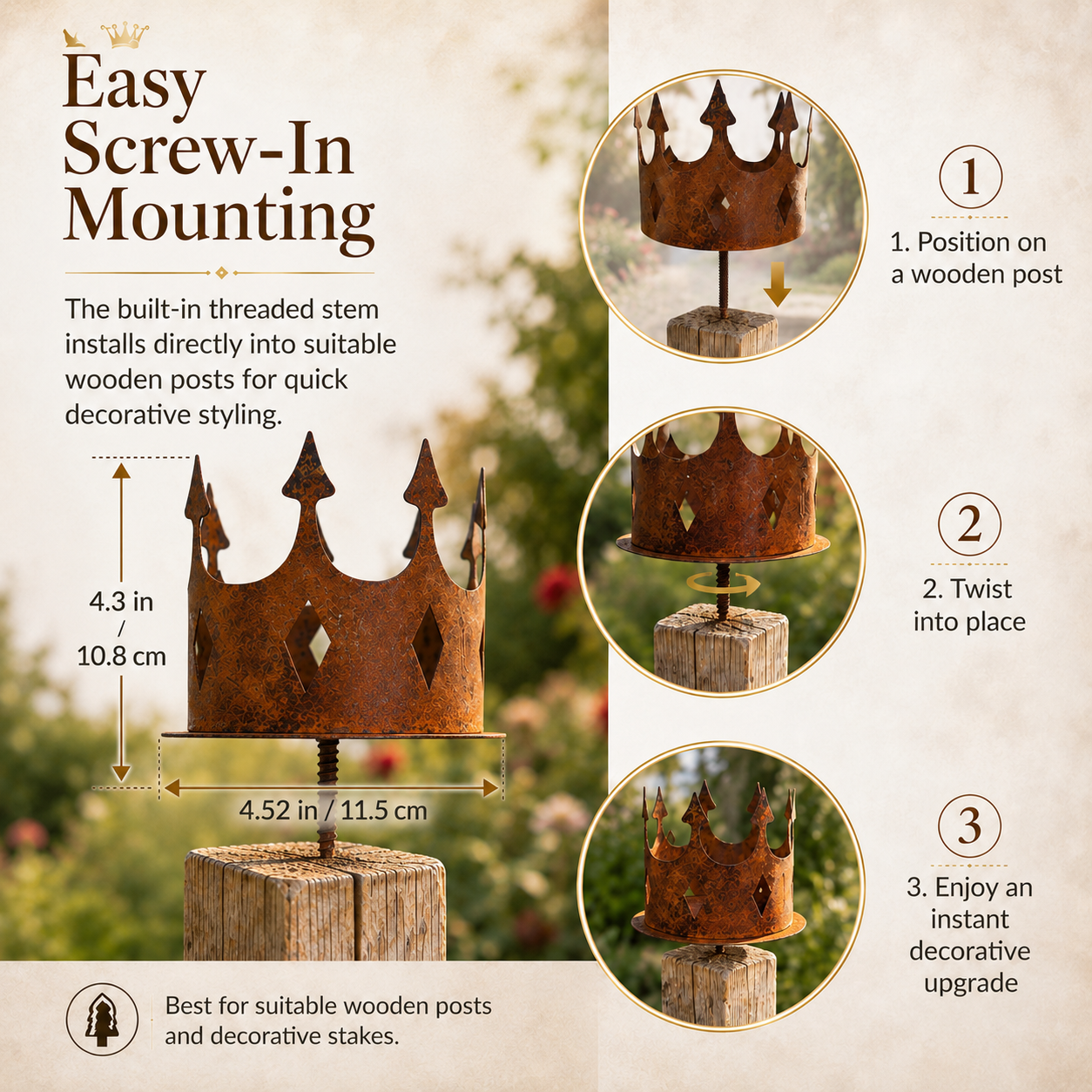 Rustic Metal Crown Post Topper – Vintage Rust Finish Garden Fence Finial with Screw-In Stem