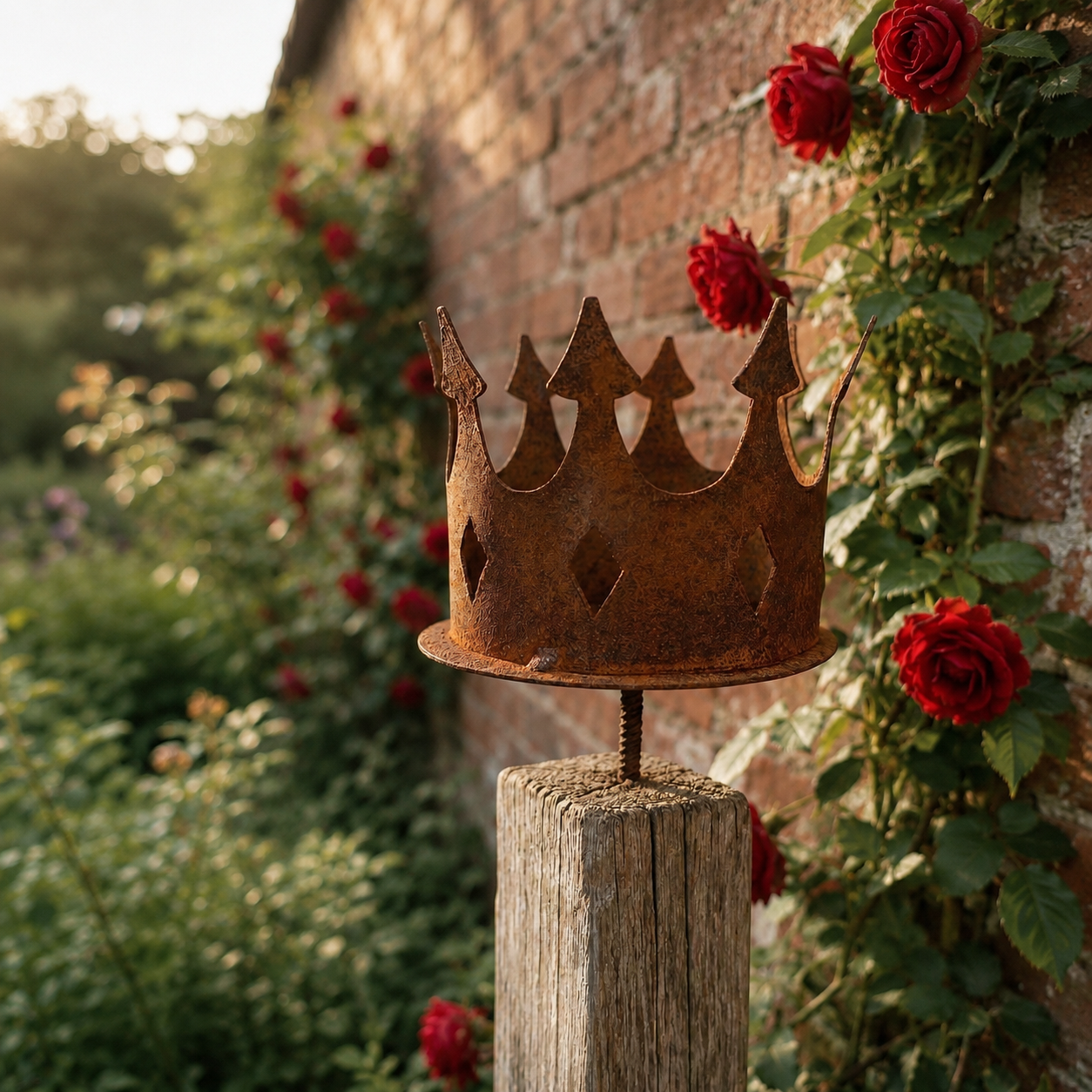 Rustic Metal Crown Post Topper – Vintage Rust Finish Garden Fence Finial with Screw-In Stem