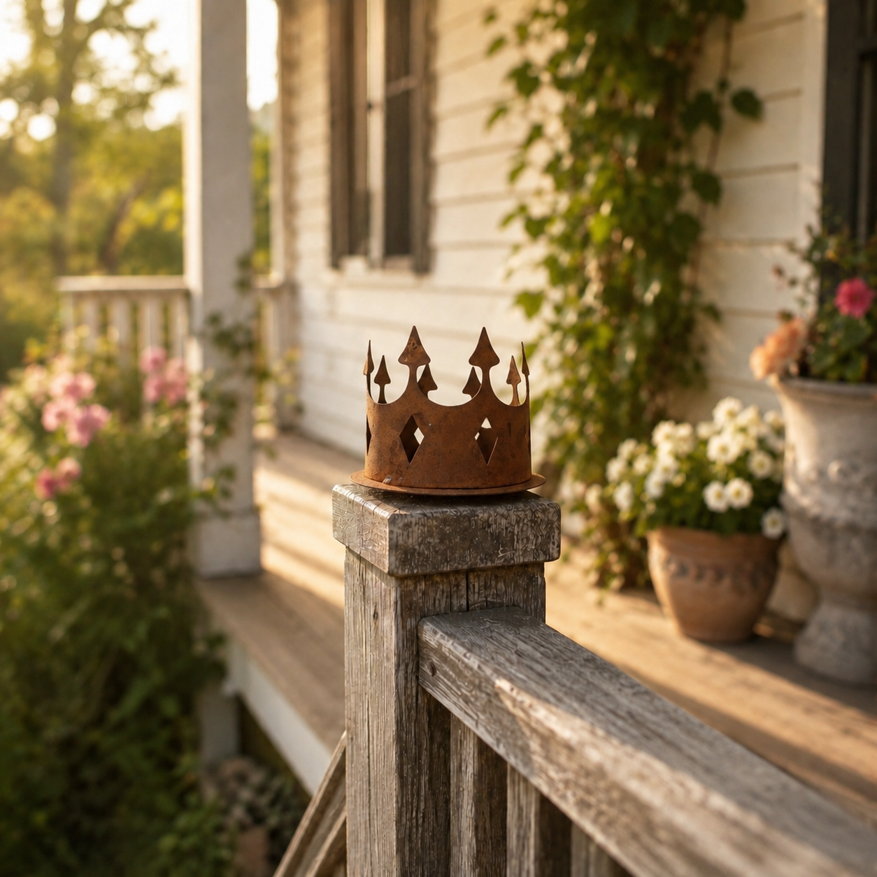 Rustic Metal Crown Post Topper – Vintage Rust Finish Garden Fence Finial with Screw-In Stem