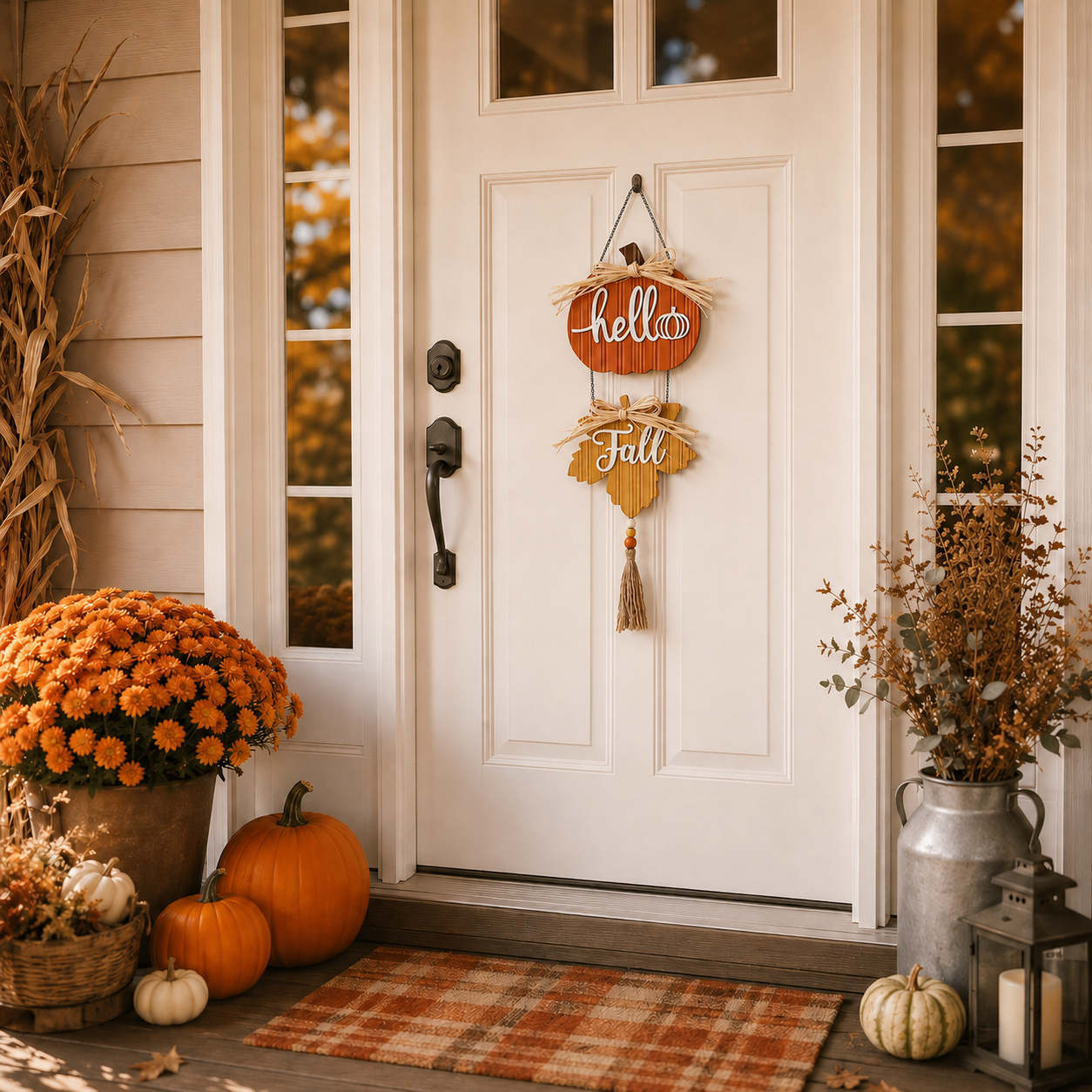 Harvest Hello Fall Pumpkin & Maple Leaf Hanging Sign
