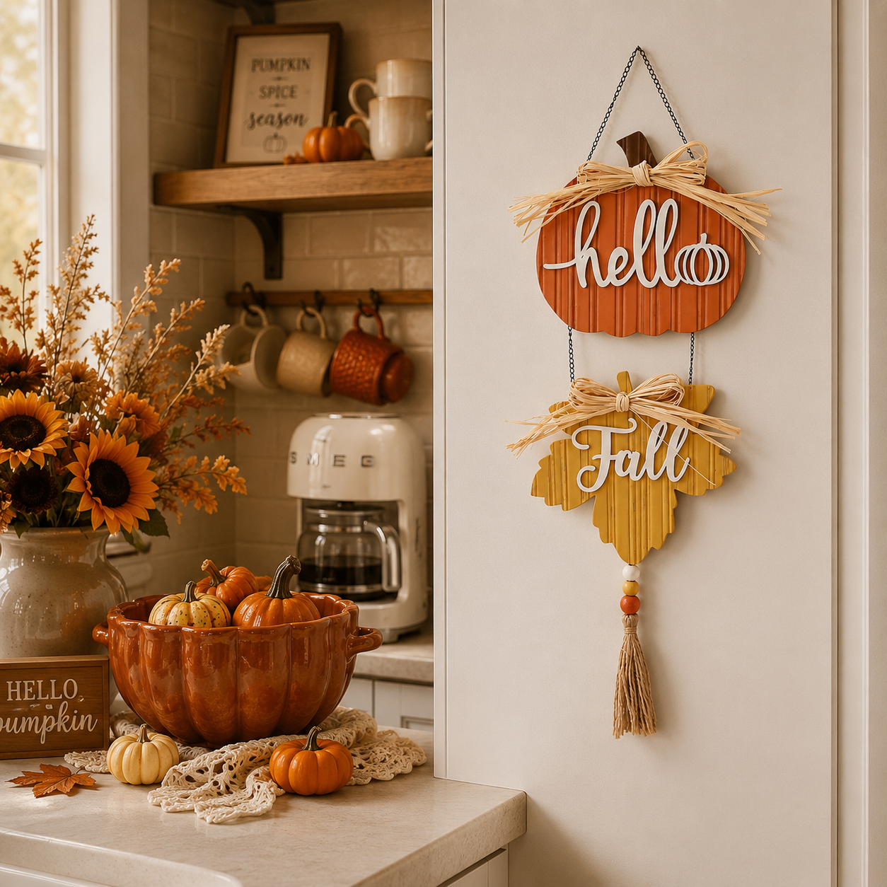 Harvest Hello Fall Pumpkin & Maple Leaf Hanging Sign