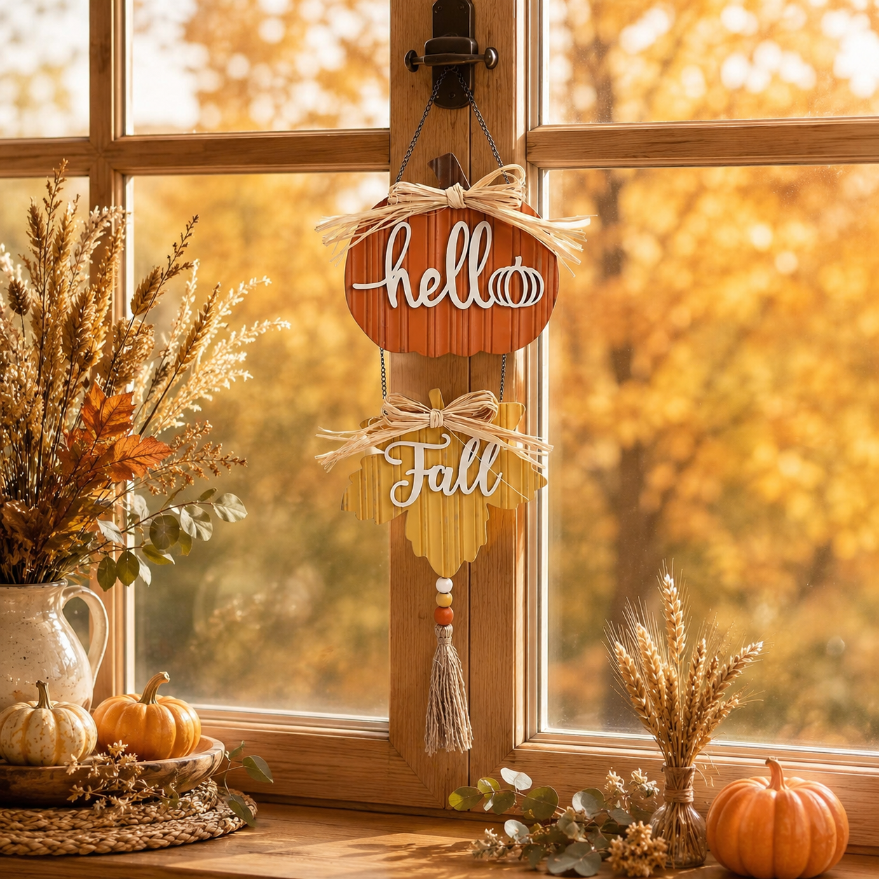 Harvest Hello Fall Pumpkin & Maple Leaf Hanging Sign