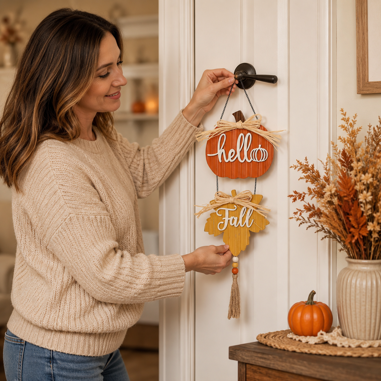 Harvest Hello Fall Pumpkin & Maple Leaf Hanging Sign