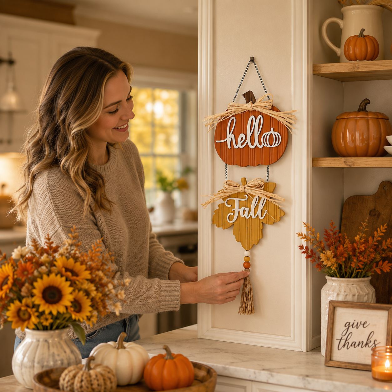 Harvest Hello Fall Pumpkin & Maple Leaf Hanging Sign