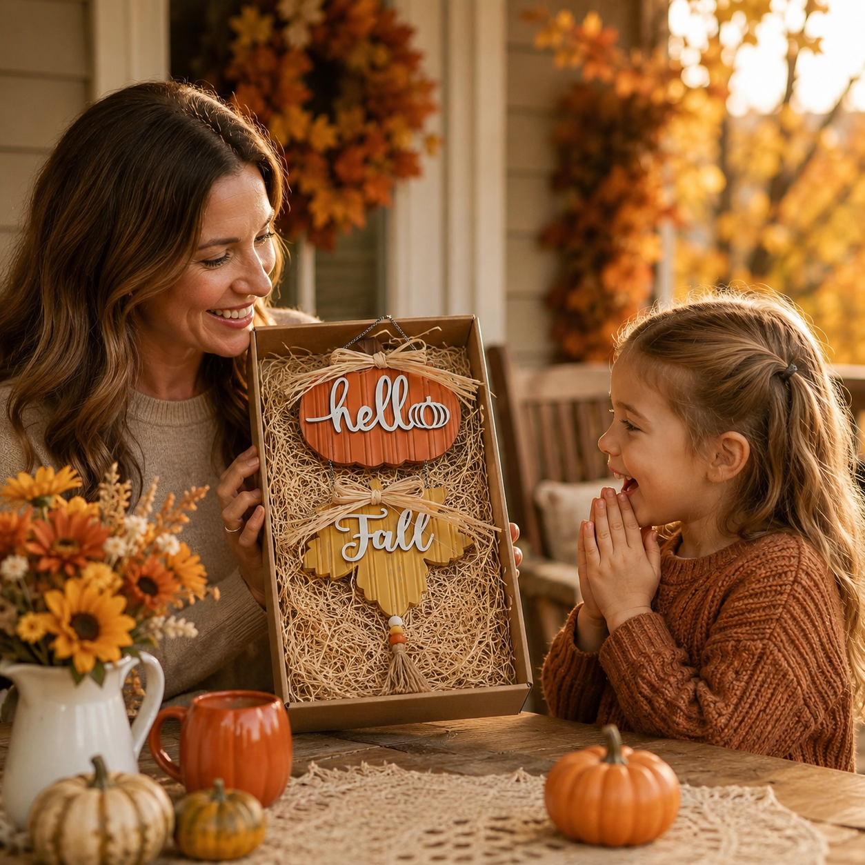 Harvest Hello Fall Pumpkin & Maple Leaf Hanging Sign