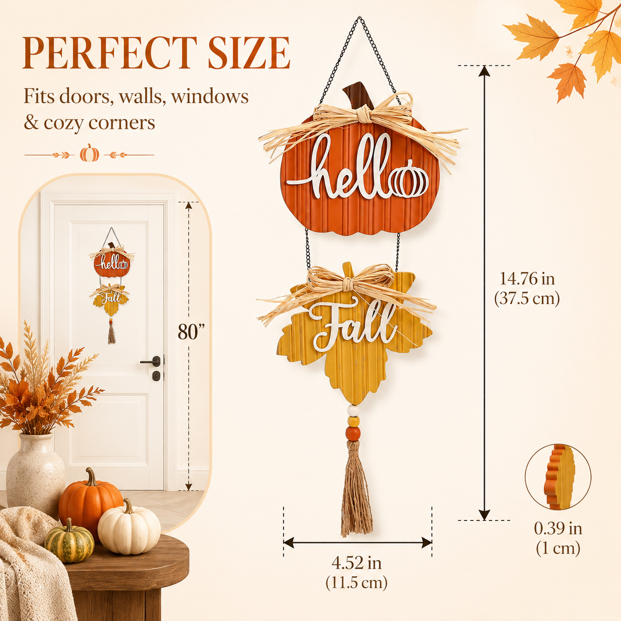 Harvest Hello Fall Pumpkin & Maple Leaf Hanging Sign