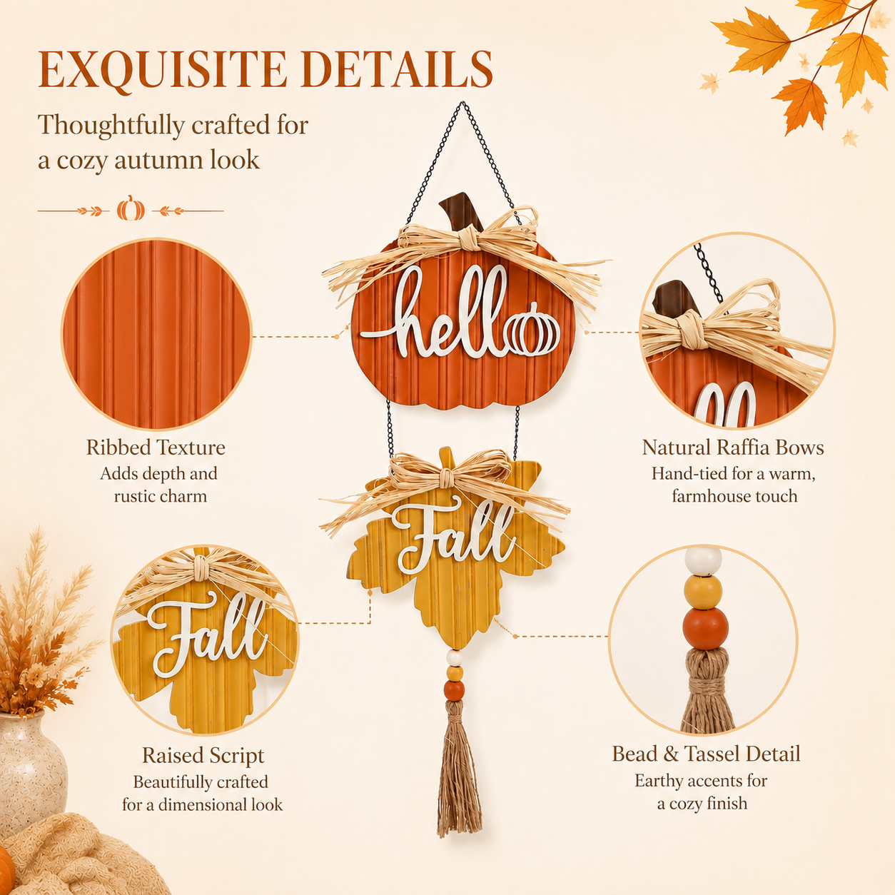 Harvest Hello Fall Pumpkin & Maple Leaf Hanging Sign
