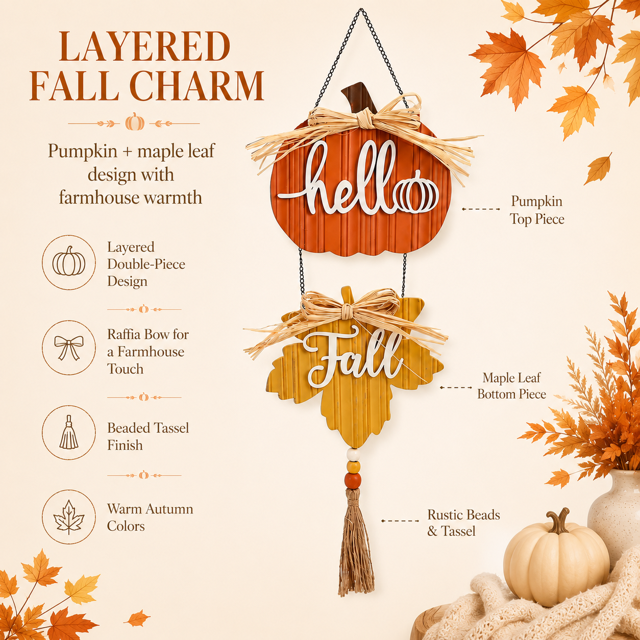 Harvest Hello Fall Pumpkin & Maple Leaf Hanging Sign