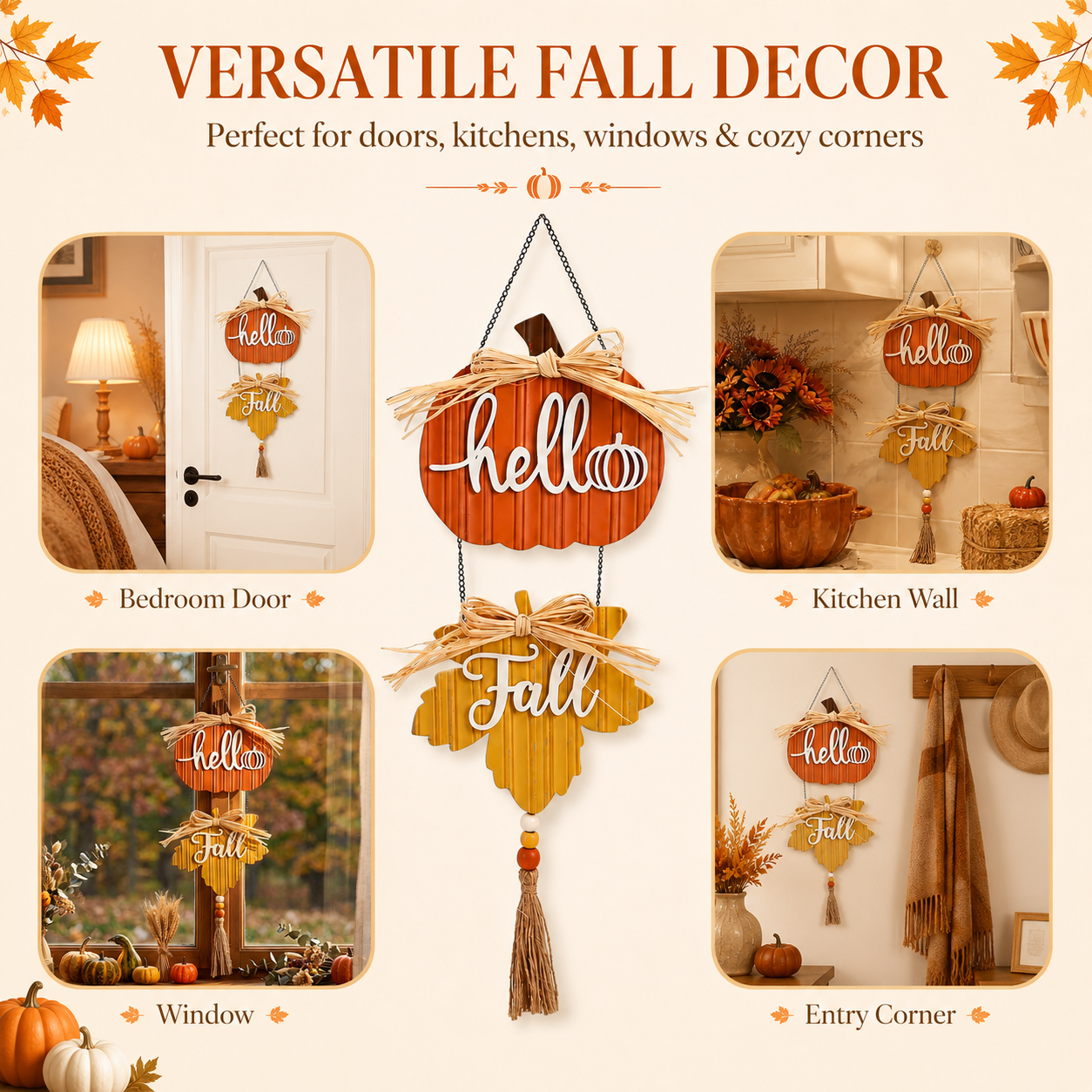 Harvest Hello Fall Pumpkin & Maple Leaf Hanging Sign
