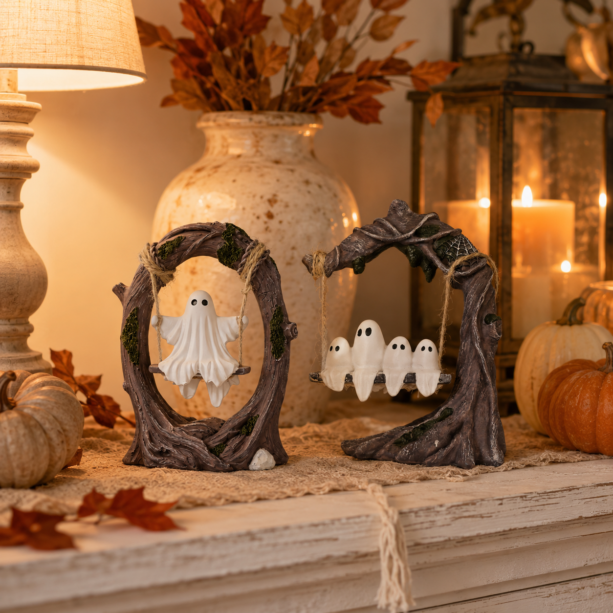 Haunted Hollow Ghost Swing Figurine – Cute Resin Halloween Tabletop Decor, 2 Styles
