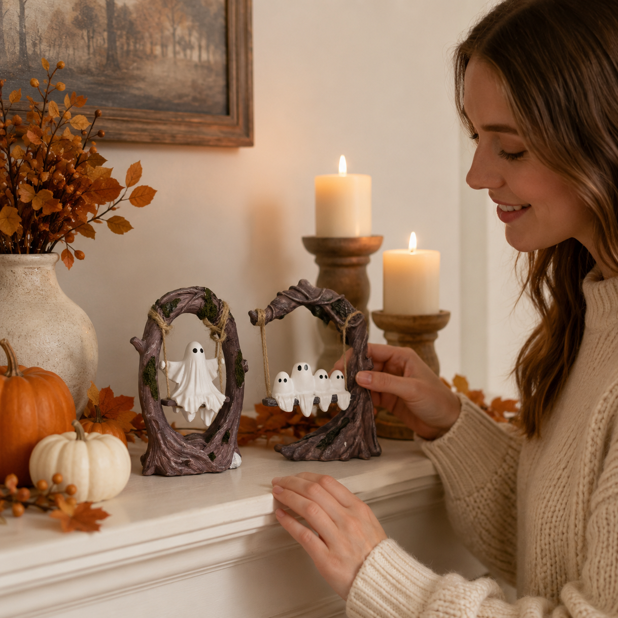 Haunted Hollow Ghost Swing Figurine – Cute Resin Halloween Tabletop Decor, 2 Styles