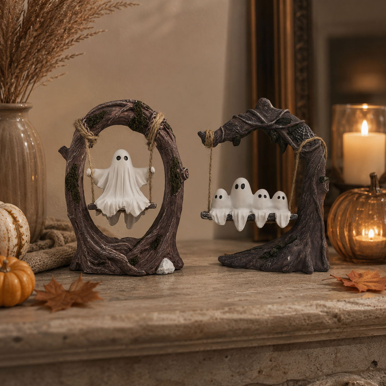 Haunted Hollow Ghost Swing Figurine – Cute Resin Halloween Tabletop Decor, 2 Styles