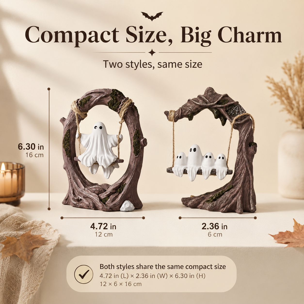 Haunted Hollow Ghost Swing Figurine – Cute Resin Halloween Tabletop Decor, 2 Styles