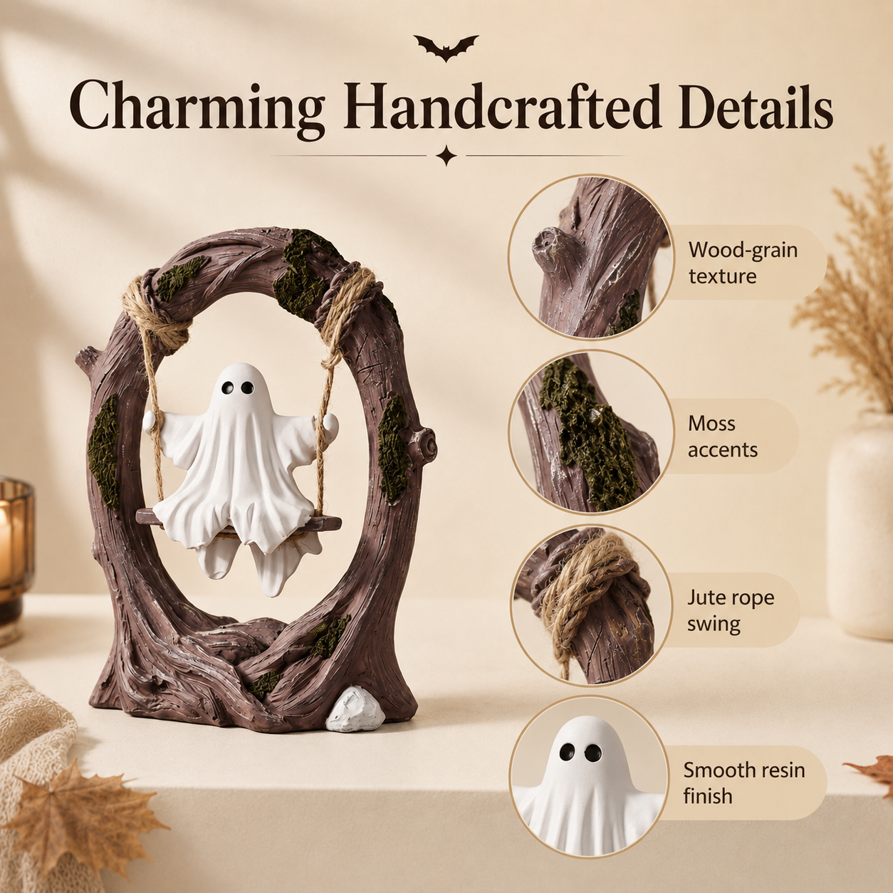 Haunted Hollow Ghost Swing Figurine – Cute Resin Halloween Tabletop Decor, 2 Styles