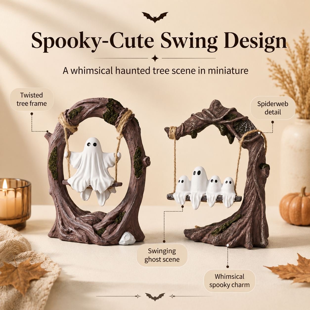 Haunted Hollow Ghost Swing Figurine – Cute Resin Halloween Tabletop Decor, 2 Styles