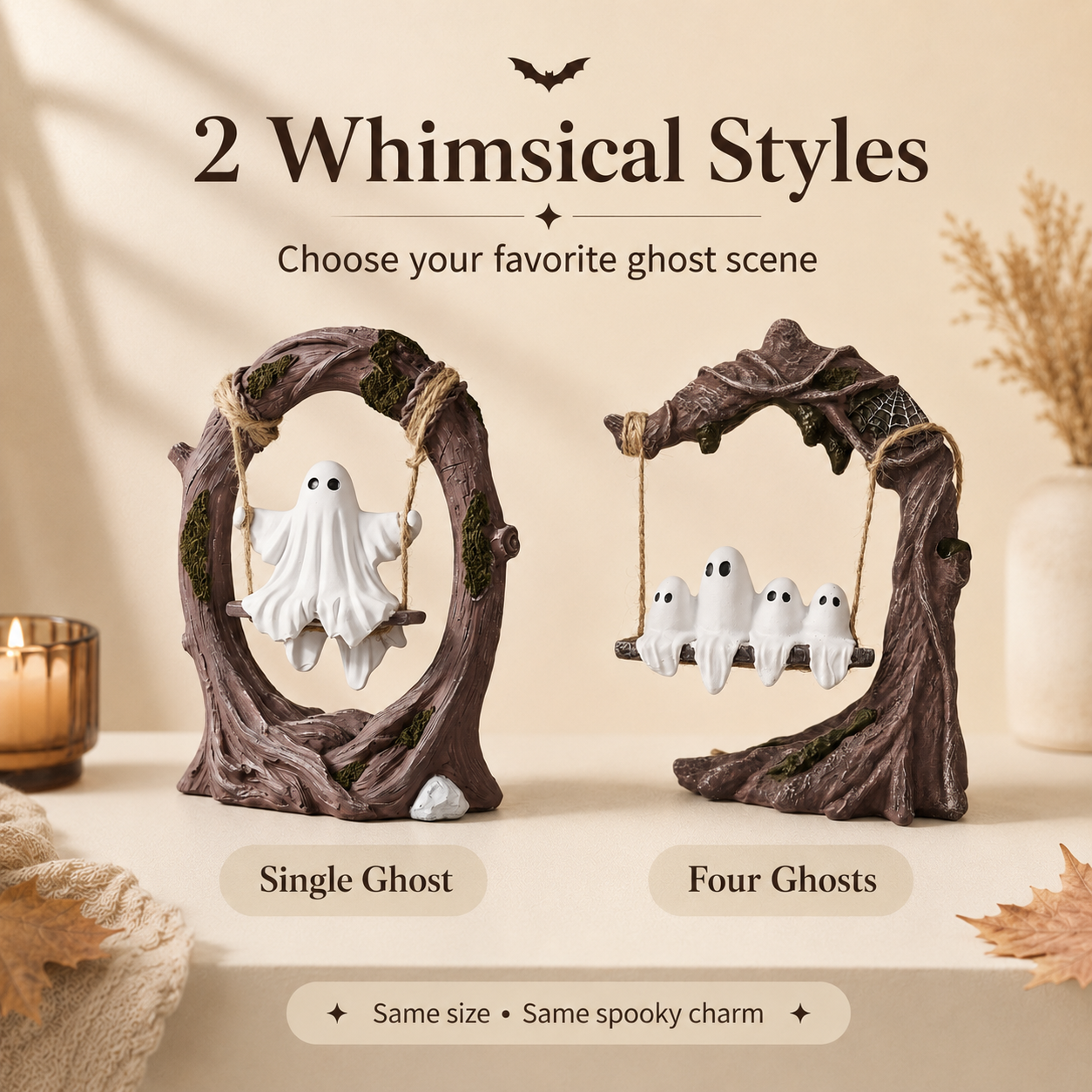 Haunted Hollow Ghost Swing Figurine – Cute Resin Halloween Tabletop Decor, 2 Styles