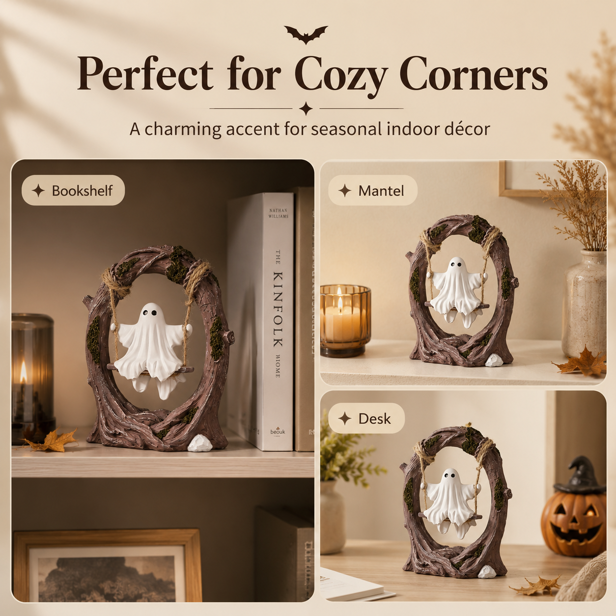 Haunted Hollow Ghost Swing Figurine – Cute Resin Halloween Tabletop Decor, 2 Styles