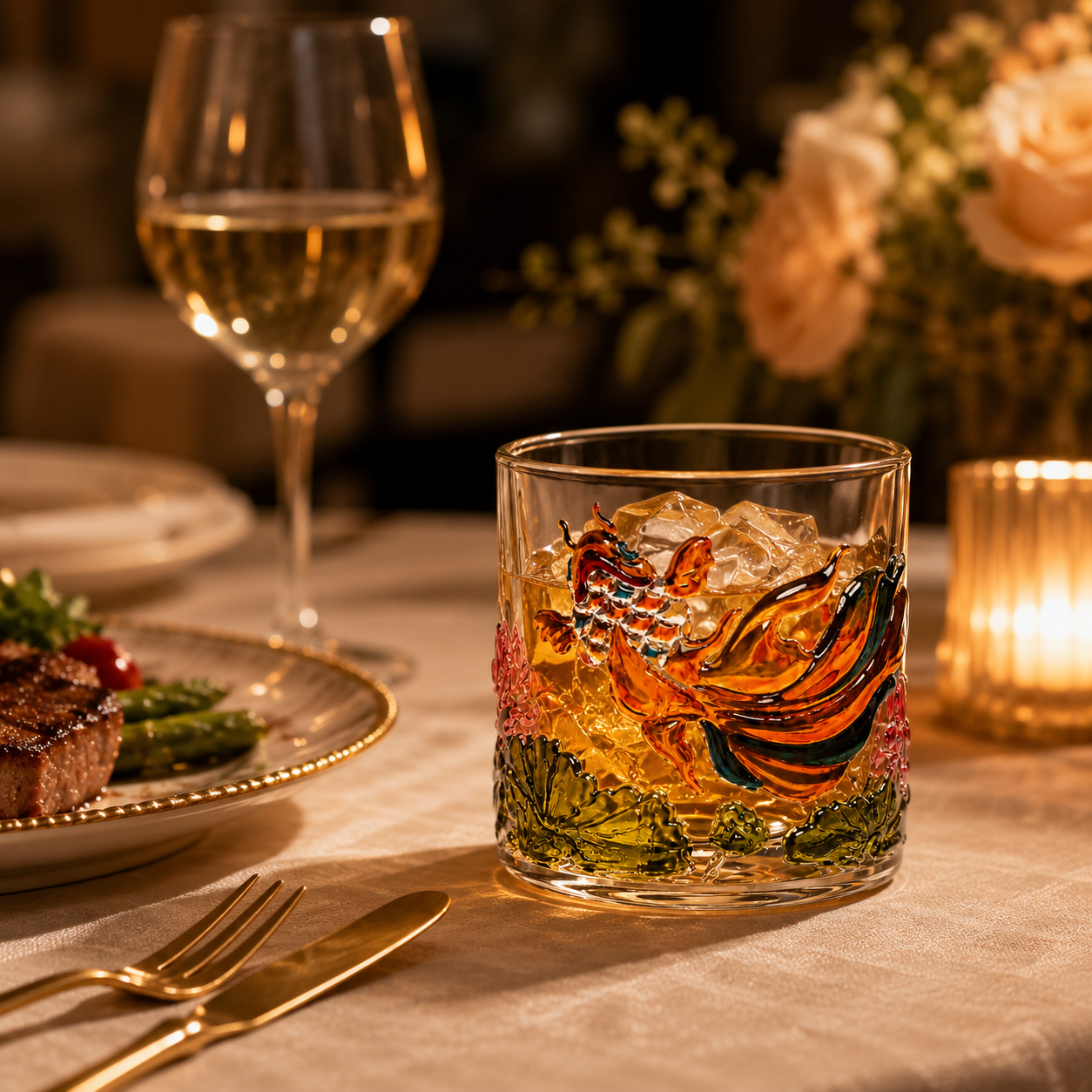 Koi Lotus Rotating Whiskey Glass