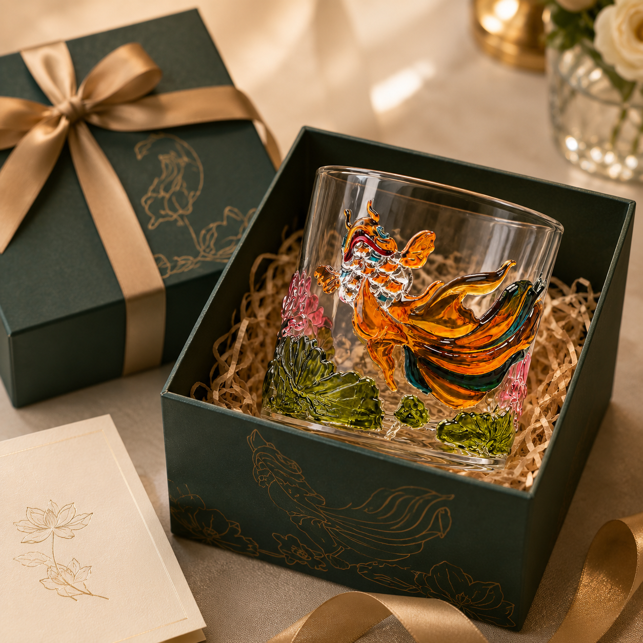 Koi Lotus Rotating Whiskey Glass
