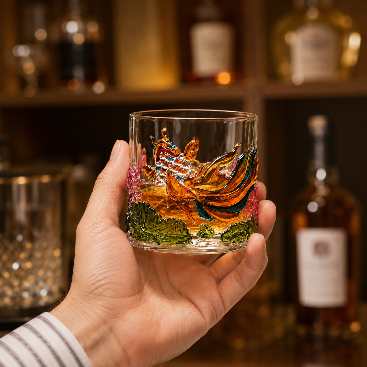 Koi Lotus Rotating Whiskey Glass