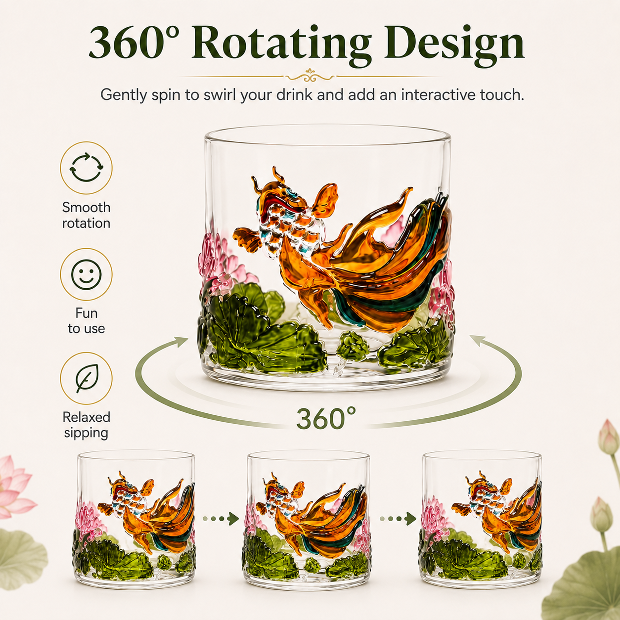 Koi Lotus Rotating Whiskey Glass