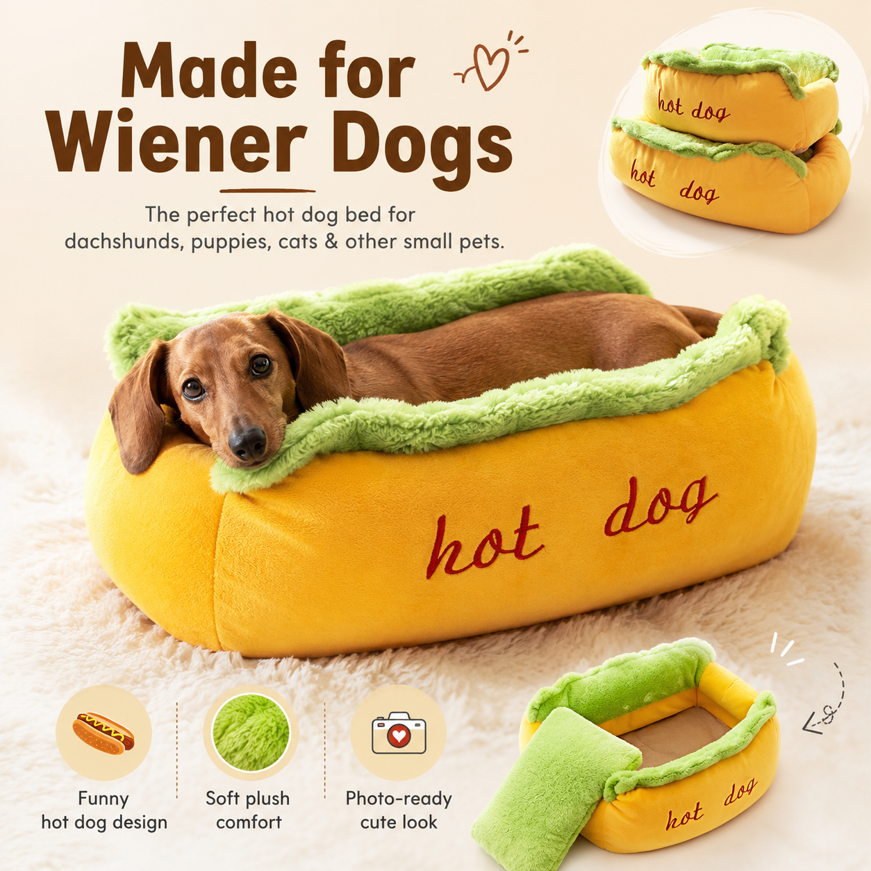 Hot Dog Shaped Dachshund Bed, Cozy Plush Pet Bed for Wiener Dogs, Small Dogs & Cats