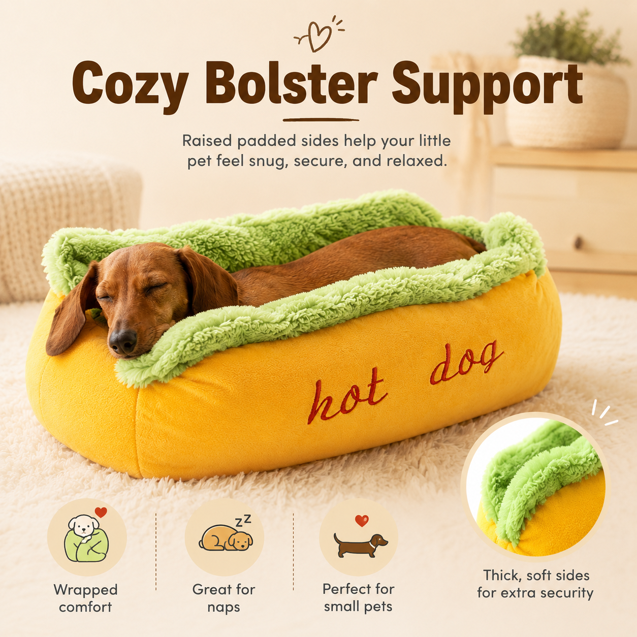Hot Dog Shaped Dachshund Bed, Cozy Plush Pet Bed for Wiener Dogs, Small Dogs & Cats