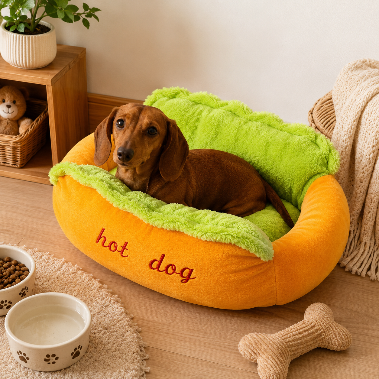 Hot Dog Shaped Dachshund Bed, Cozy Plush Pet Bed for Wiener Dogs, Small Dogs & Cats