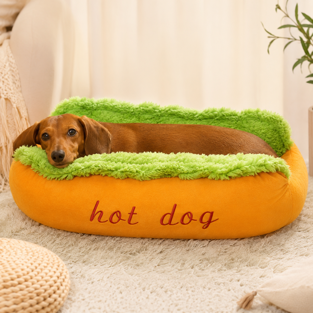 Hot Dog Shaped Dachshund Bed, Cozy Plush Pet Bed for Wiener Dogs, Small Dogs & Cats