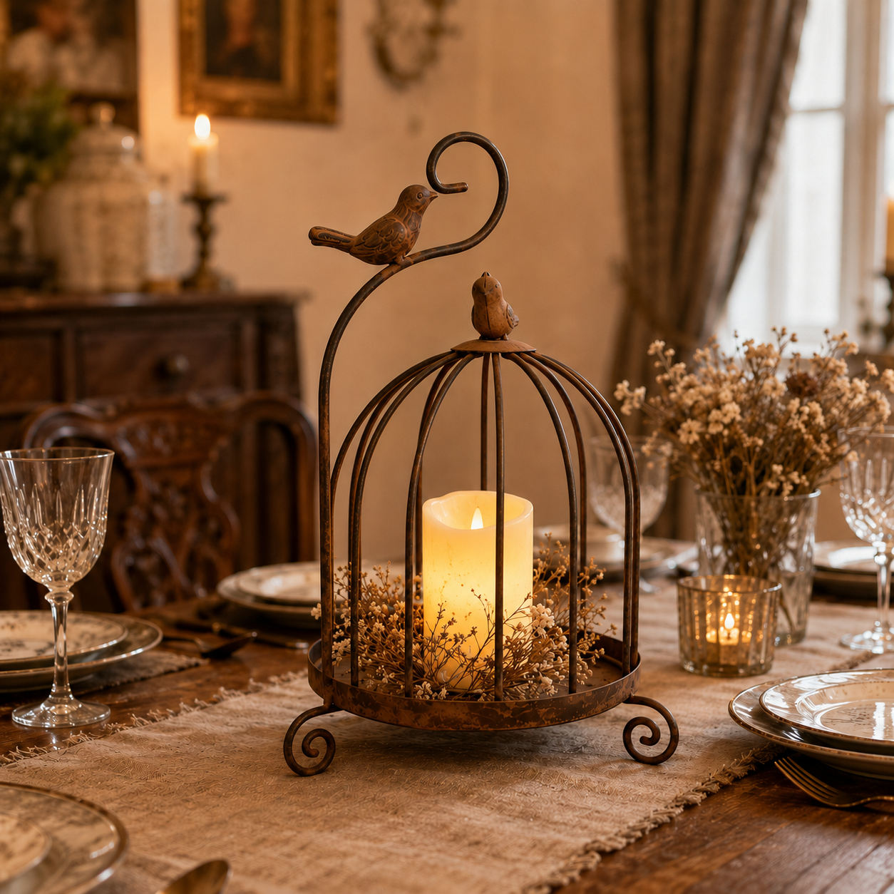 Rustic Birdcage Candle Holder, Vintage Iron Bird Decor Tabletop Centerpiece