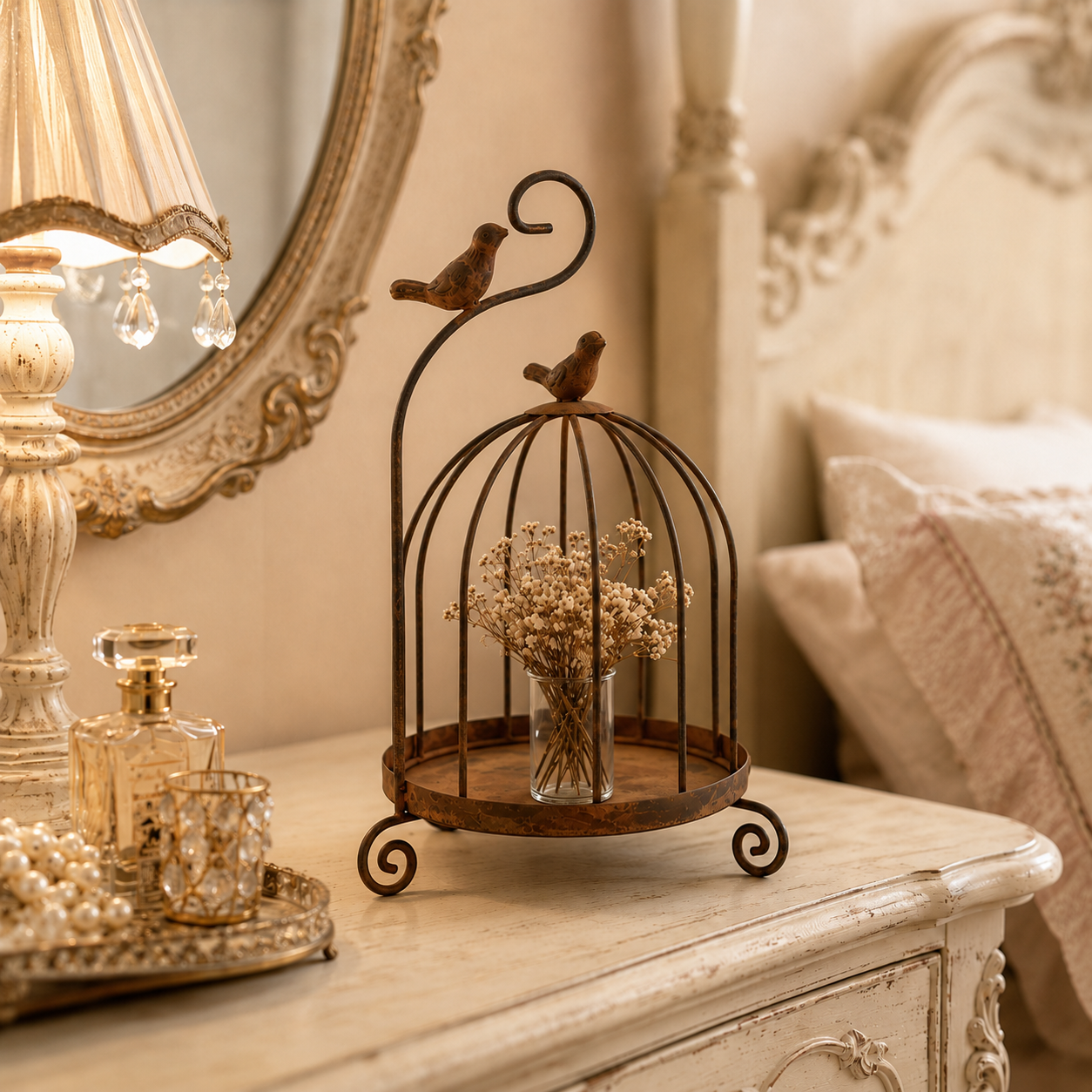 Rustic Birdcage Candle Holder, Vintage Iron Bird Decor Tabletop Centerpiece