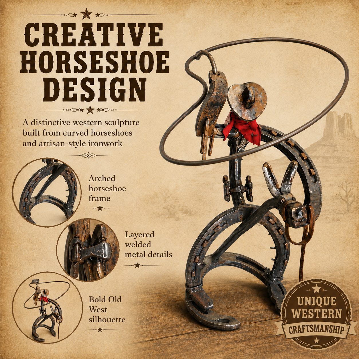 Vintage Western Cowboy Iron Sculpture, Rustic Horseshoe Horse Rider Figurine