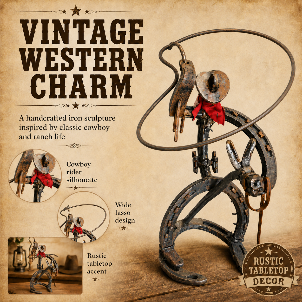 Vintage Western Cowboy Iron Sculpture, Rustic Horseshoe Horse Rider Figurine