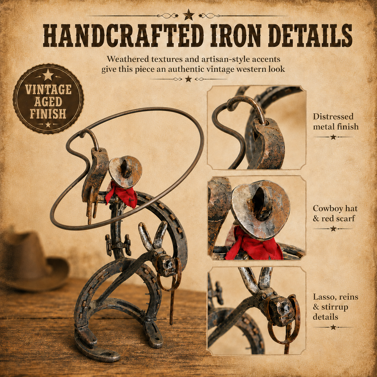 Vintage Western Cowboy Iron Sculpture, Rustic Horseshoe Horse Rider Figurine