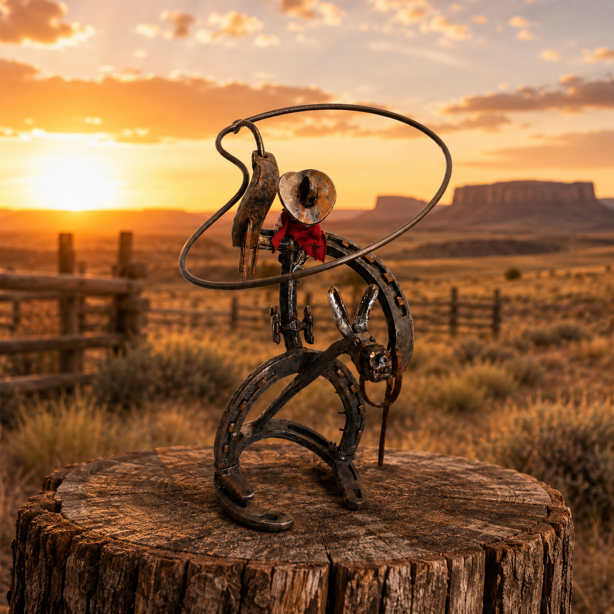 Vintage Western Cowboy Iron Sculpture, Rustic Horseshoe Horse Rider Figurine