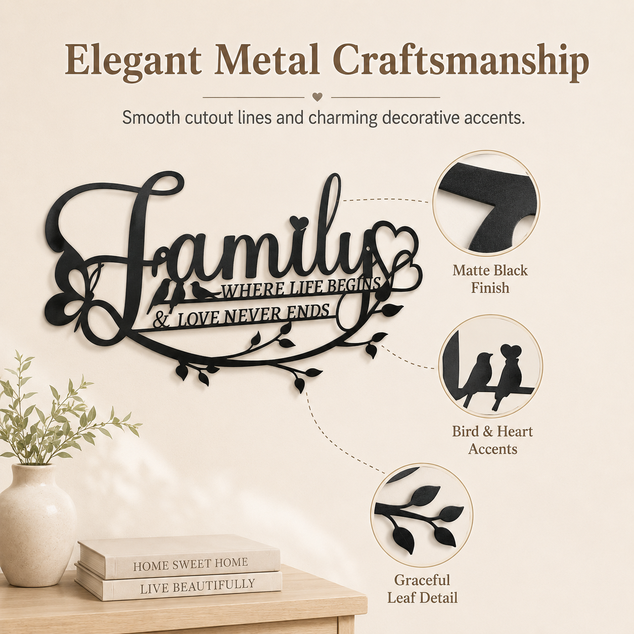 Family Love Metal Wall Decor – “Where Life Begins & Love Never Ends” Family Sign