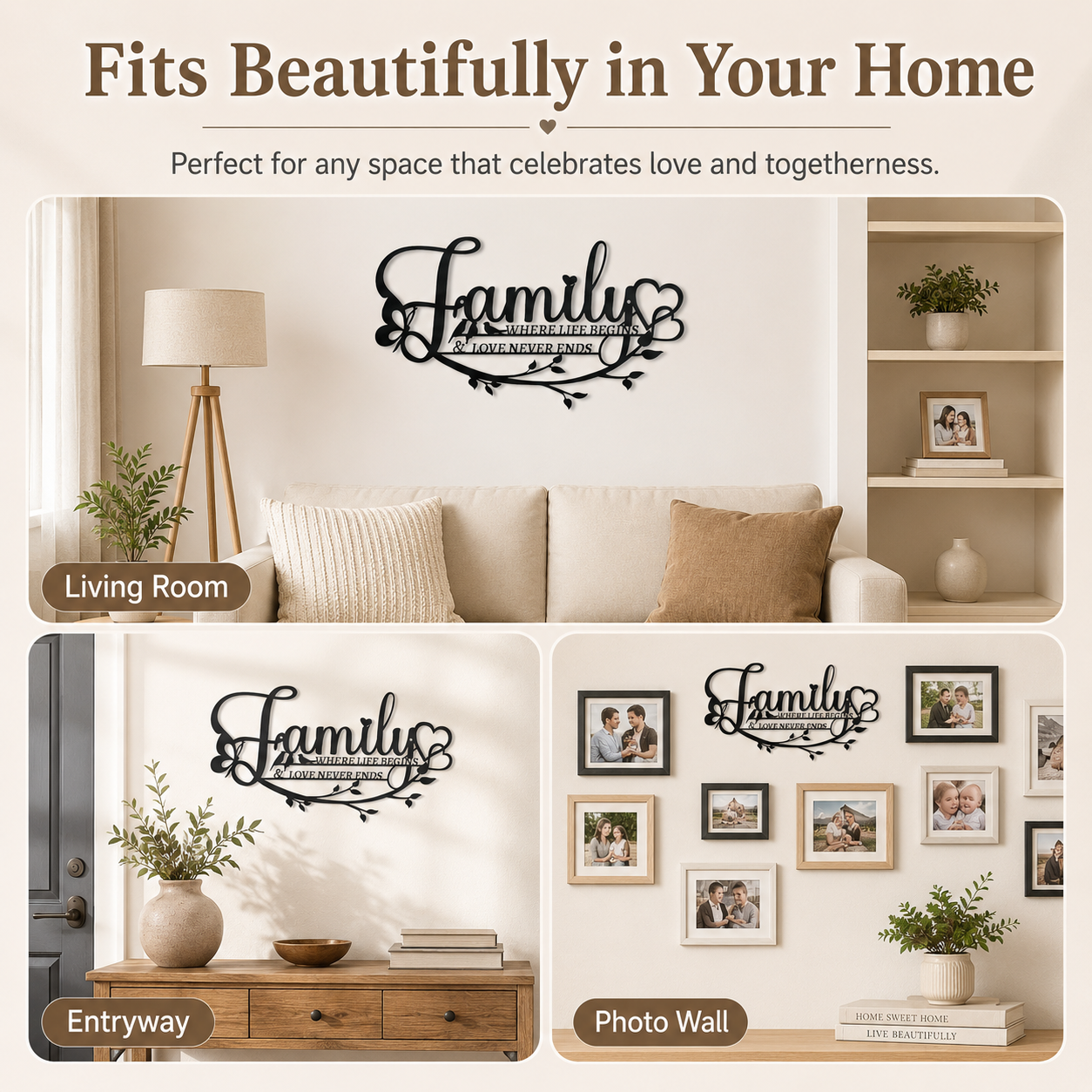 Family Love Metal Wall Decor – “Where Life Begins & Love Never Ends” Family Sign
