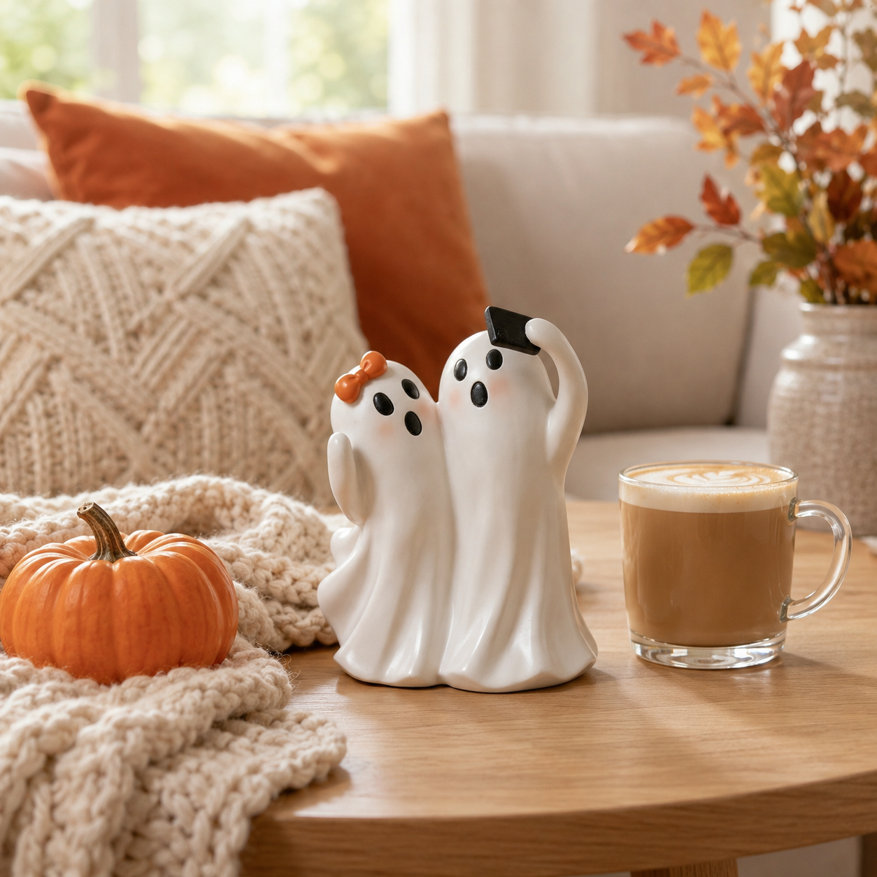 Boo & Snap Ghost Couple Halloween Figurine – Cute Resin Selfie Ghost Tabletop Decor