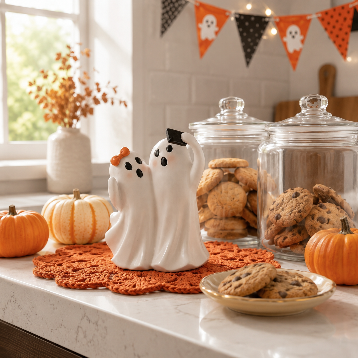Boo & Snap Ghost Couple Halloween Figurine – Cute Resin Selfie Ghost Tabletop Decor