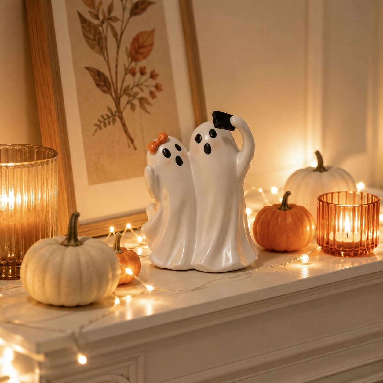 Boo & Snap Ghost Couple Halloween Figurine – Cute Resin Selfie Ghost Tabletop Decor