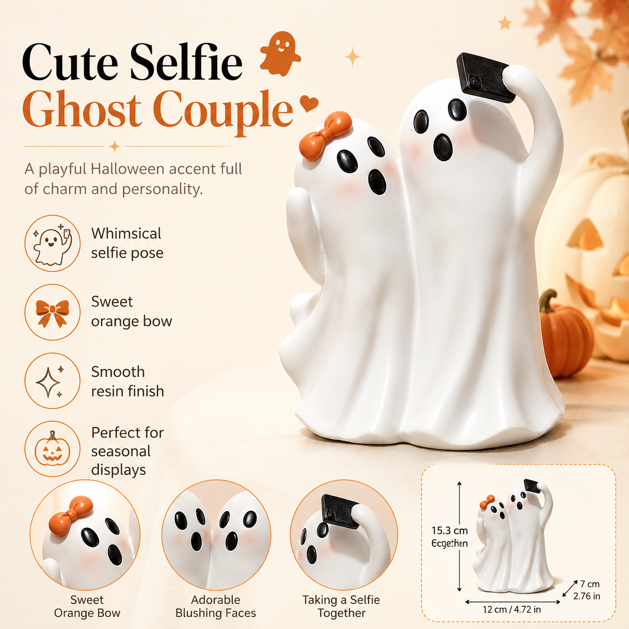 Boo & Snap Ghost Couple Halloween Figurine – Cute Resin Selfie Ghost Tabletop Decor