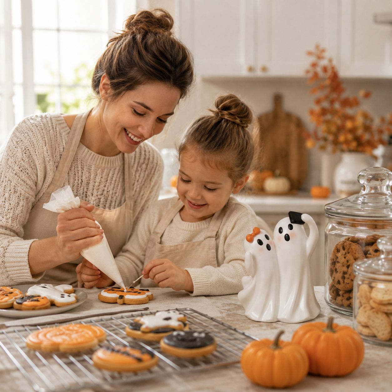 Boo & Snap Ghost Couple Halloween Figurine – Cute Resin Selfie Ghost Tabletop Decor