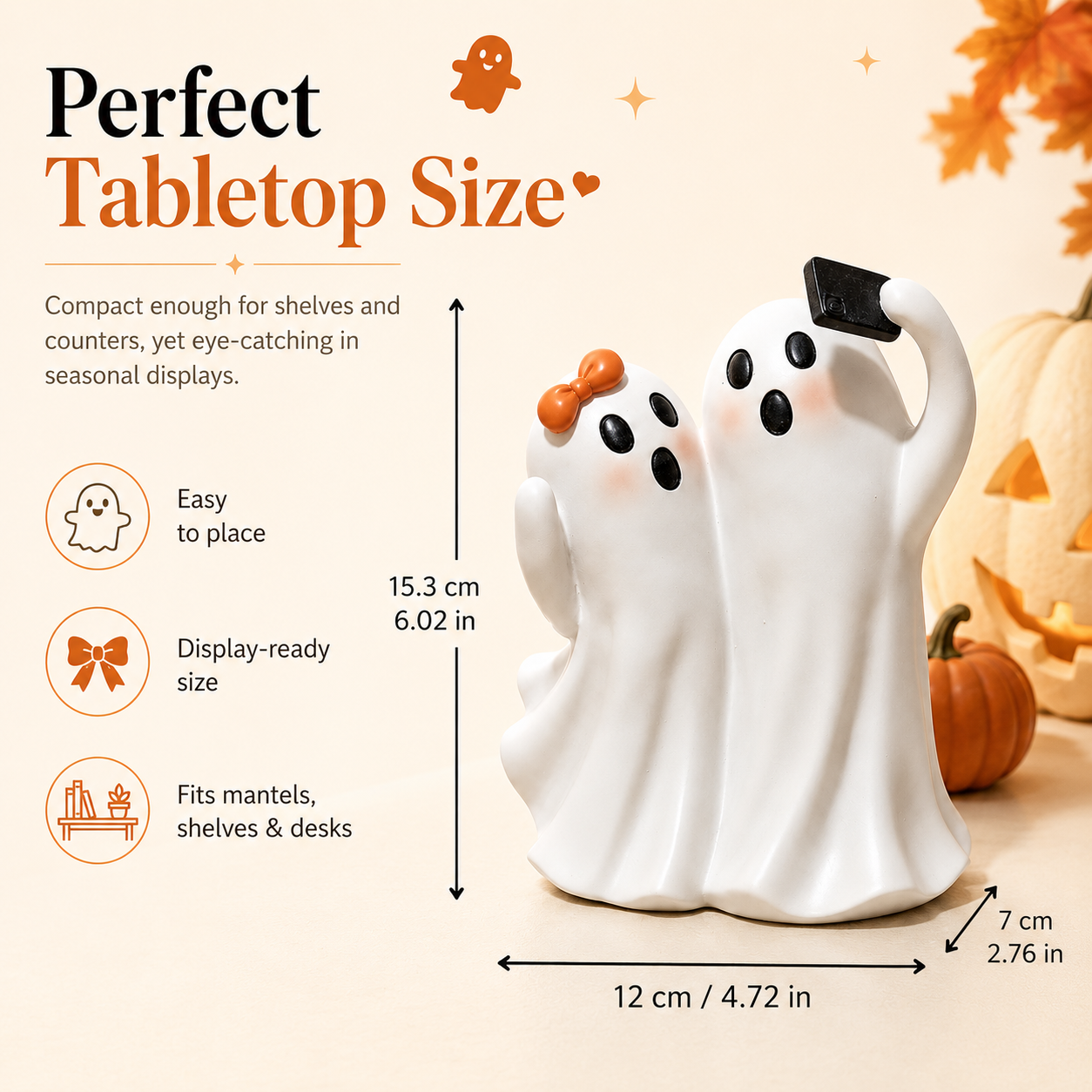 Boo & Snap Ghost Couple Halloween Figurine – Cute Resin Selfie Ghost Tabletop Decor