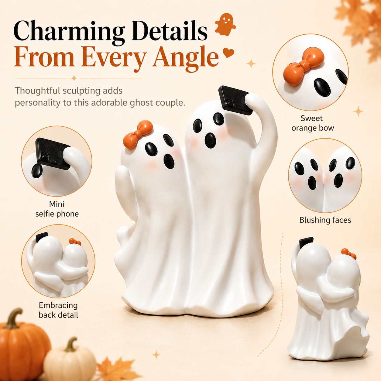 Boo & Snap Ghost Couple Halloween Figurine – Cute Resin Selfie Ghost Tabletop Decor