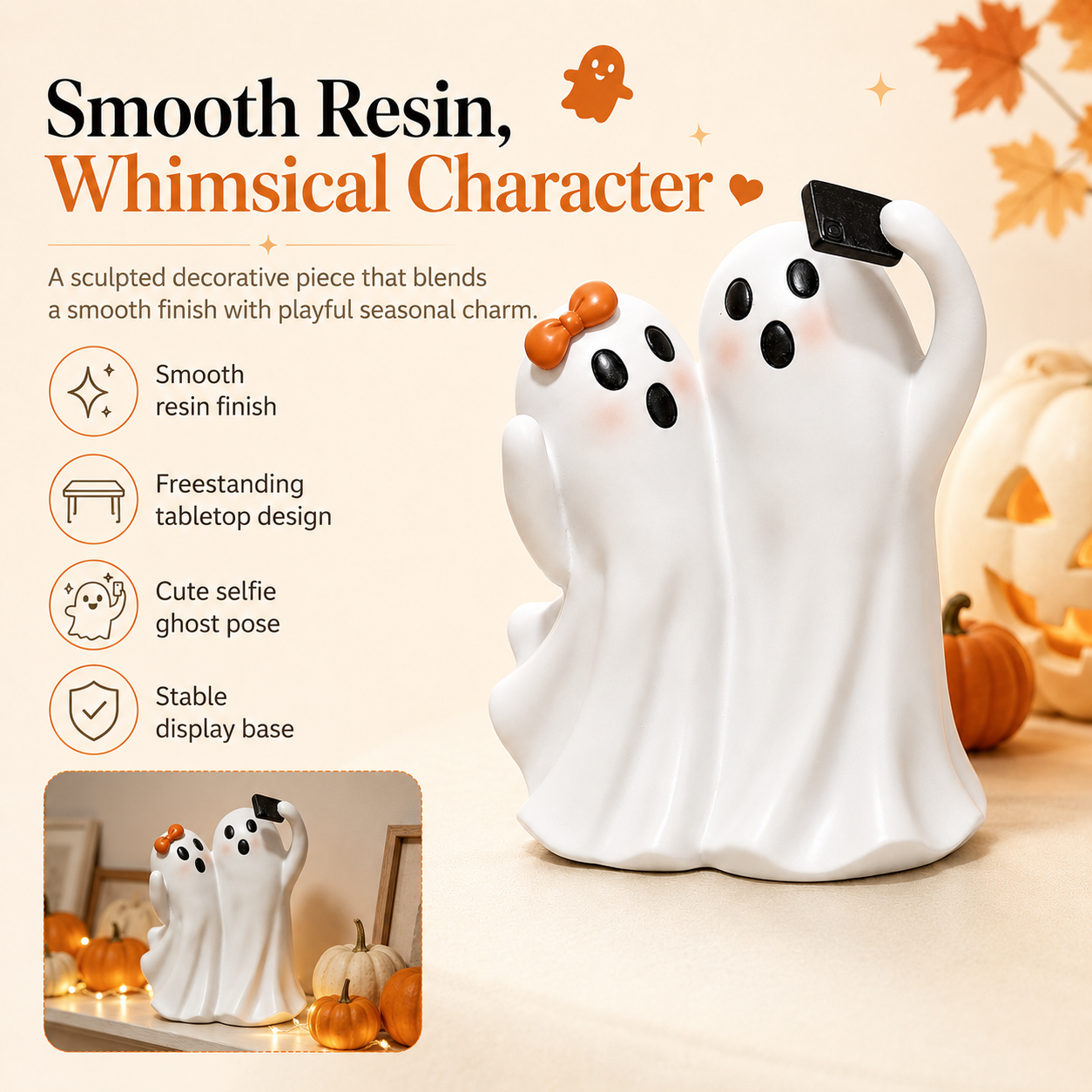 Boo & Snap Ghost Couple Halloween Figurine – Cute Resin Selfie Ghost Tabletop Decor