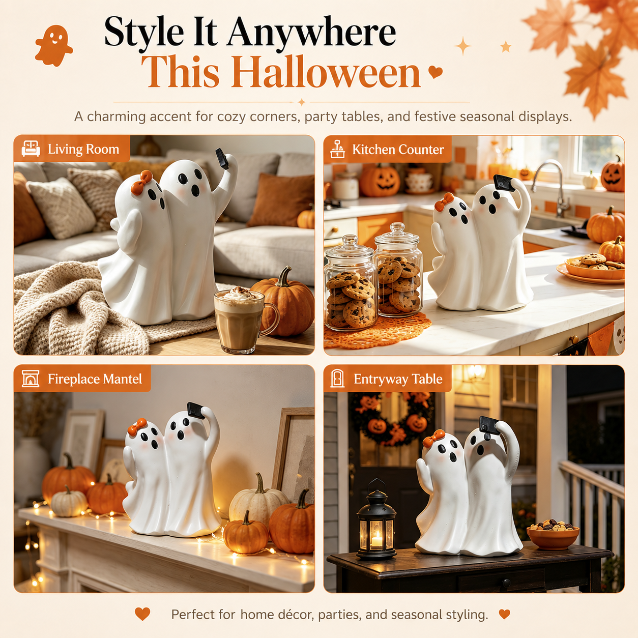 Boo & Snap Ghost Couple Halloween Figurine – Cute Resin Selfie Ghost Tabletop Decor