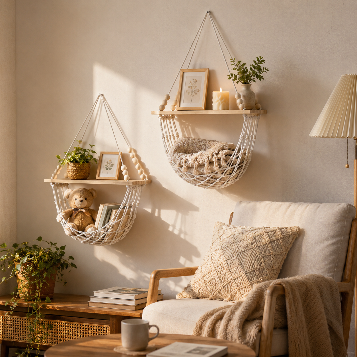 Boho Macrame Wall Shelf & Storage Hammock – 2 Pack